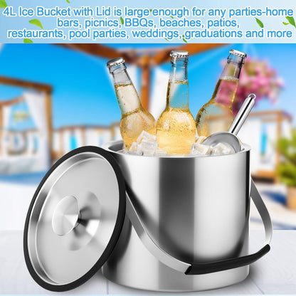 meekoo 4 L Double Wall Insulated Stainless Steel Ice Bucket with Lid, Scoop, Strainer, Handle Large