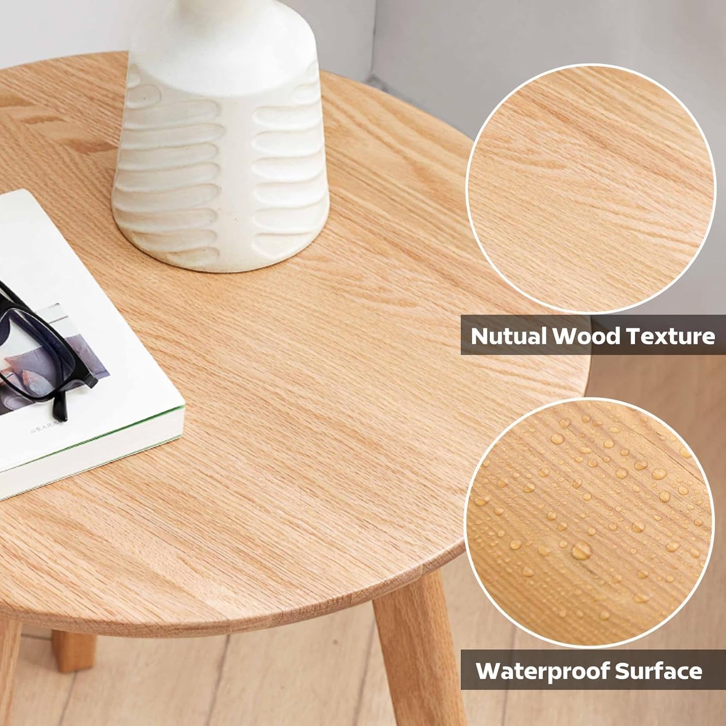 100% Solid Oak Round Side Table Set of 2, Small Bedside Table for Small Spaces, Living Room End