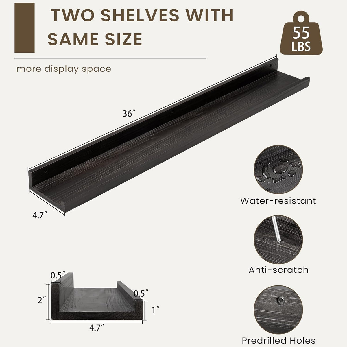Floating Shelves for Wall, Picture Ledge Shelf 36 Inch Solid Wood Set of 2, Rustic Wall Shelves
