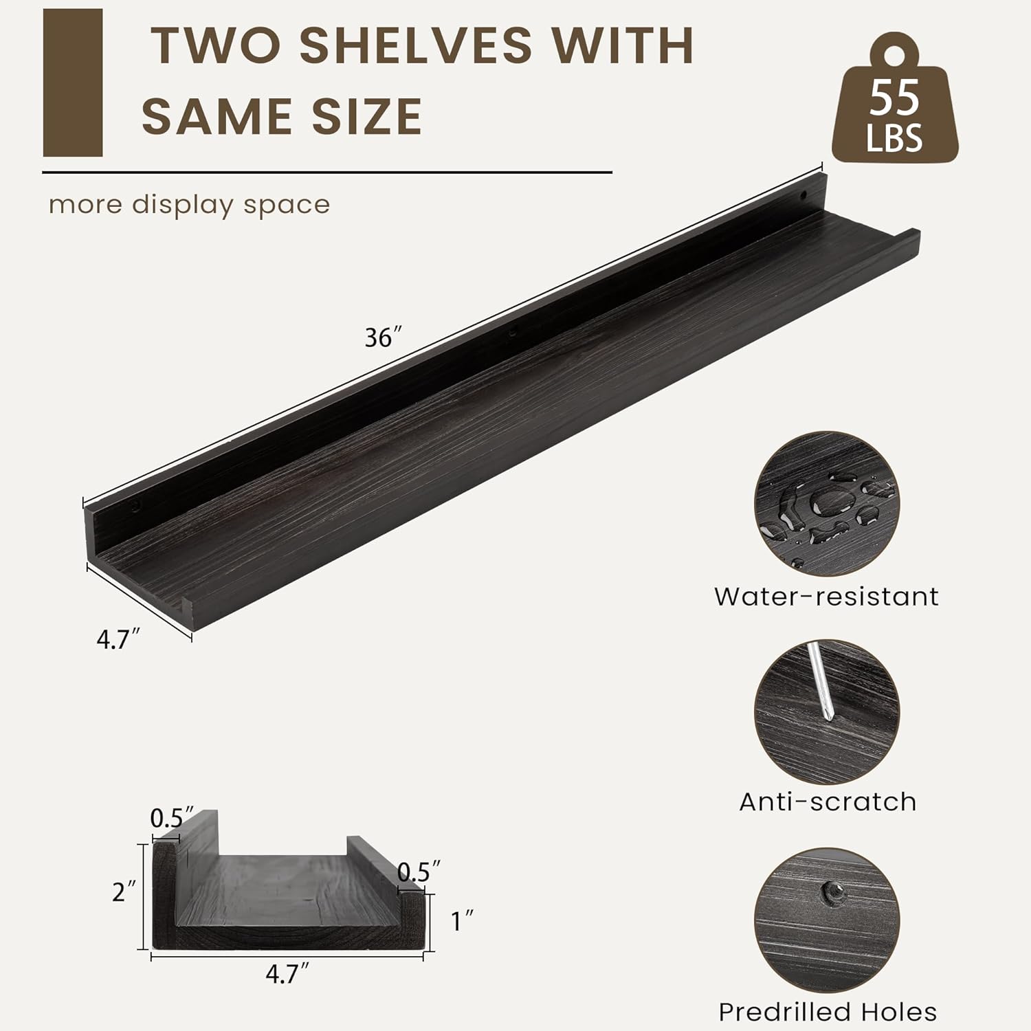 Floating Shelves for Wall, Picture Ledge Shelf 36 Inch Solid Wood Set of 2, Rustic Wall Shelves