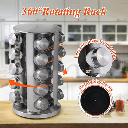 DOUBLE 2 C Revolving Spice Rack with 20 Jars, Rotating Spice Rack Organizer, Seasoning Organizer