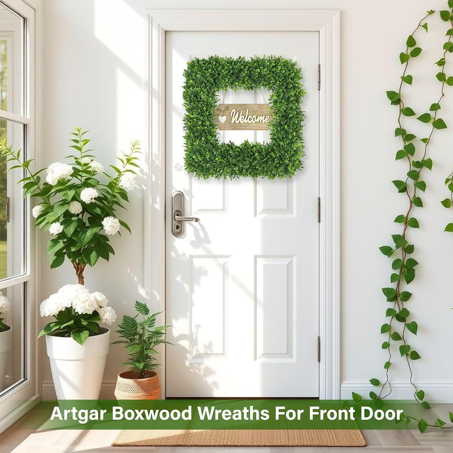 Artgar 20Inch Boxwood Wreath, Spring Wreaths for Front Door, Realistic Green Square Boxwood Wreath