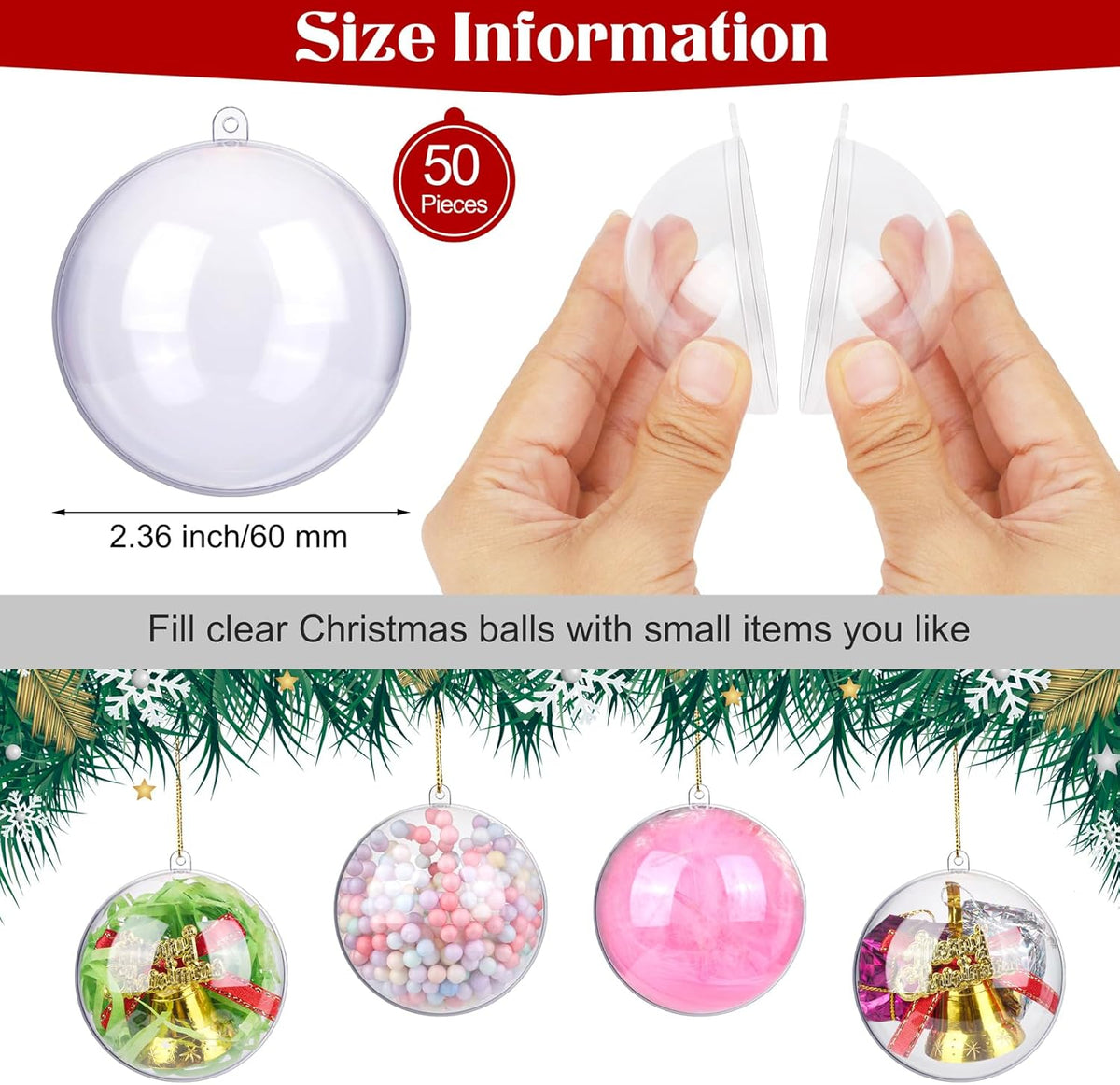 ANVAVO 50 Clear Plastic Fillable Ball Ornaments - DIY Craft Transparent Baubles - Shatterproof