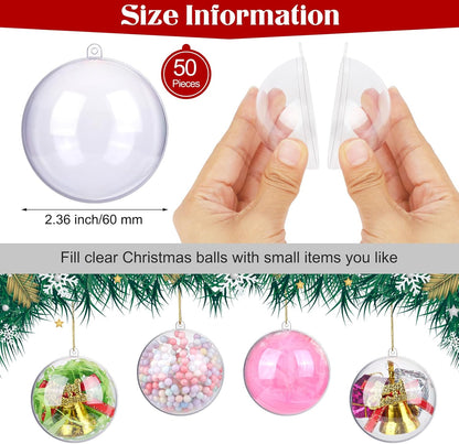 ANVAVO 50 Clear Plastic Fillable Ball Ornaments - DIY Craft Transparent Baubles - Shatterproof