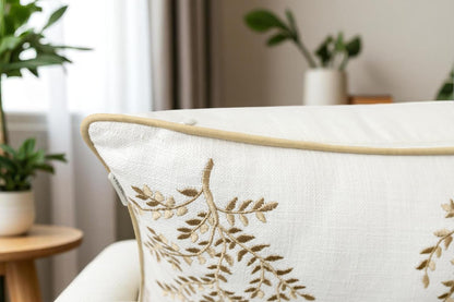 VAGMINE Embroidered Leaves Throw Pillow Cover - 20x20 Inches Square - 100% Cotton Ivory Cushion
