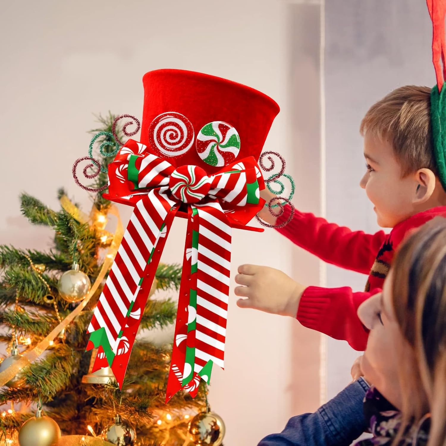 Christmas Candy Canes Tree Topper Red Hat with Peppermint Bows Ornament Winter Lollipop Holiday