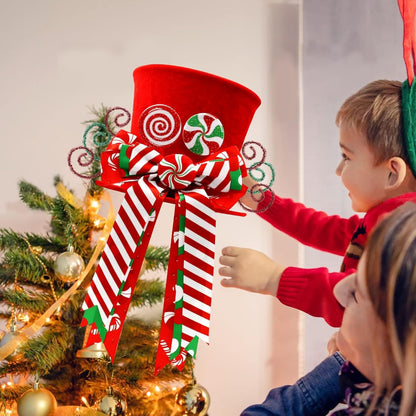 Christmas Candy Canes Tree Topper Red Hat with Peppermint Bows Ornament Winter Lollipop Holiday
