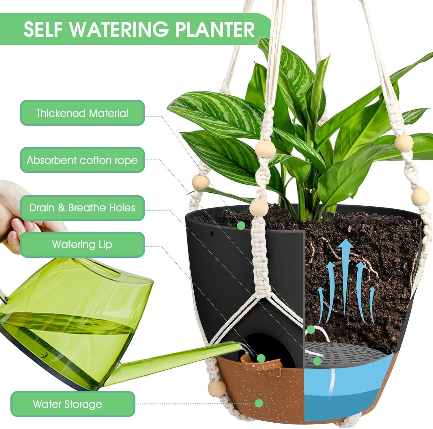 Hanging Planters for Indoor Outdoor Plants, 2 Pack Self Watering Hanging Pot with Drainage Holes