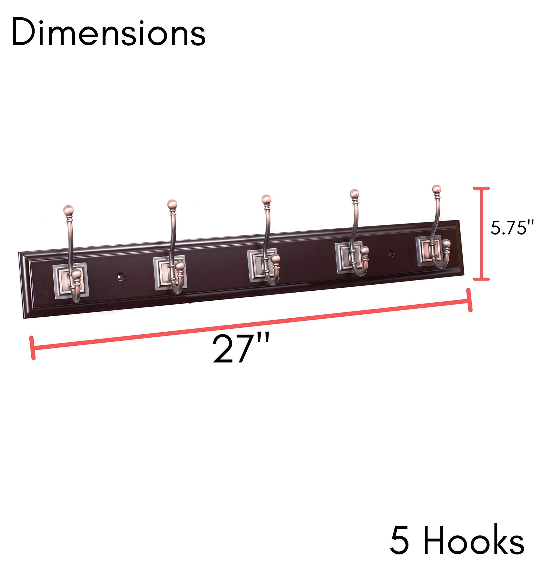 BIRDROCK HOME Classic Hook Coat and Hat Rack | 5 Hooks | Wall Mount | Brown Finish | Bronze Hooks