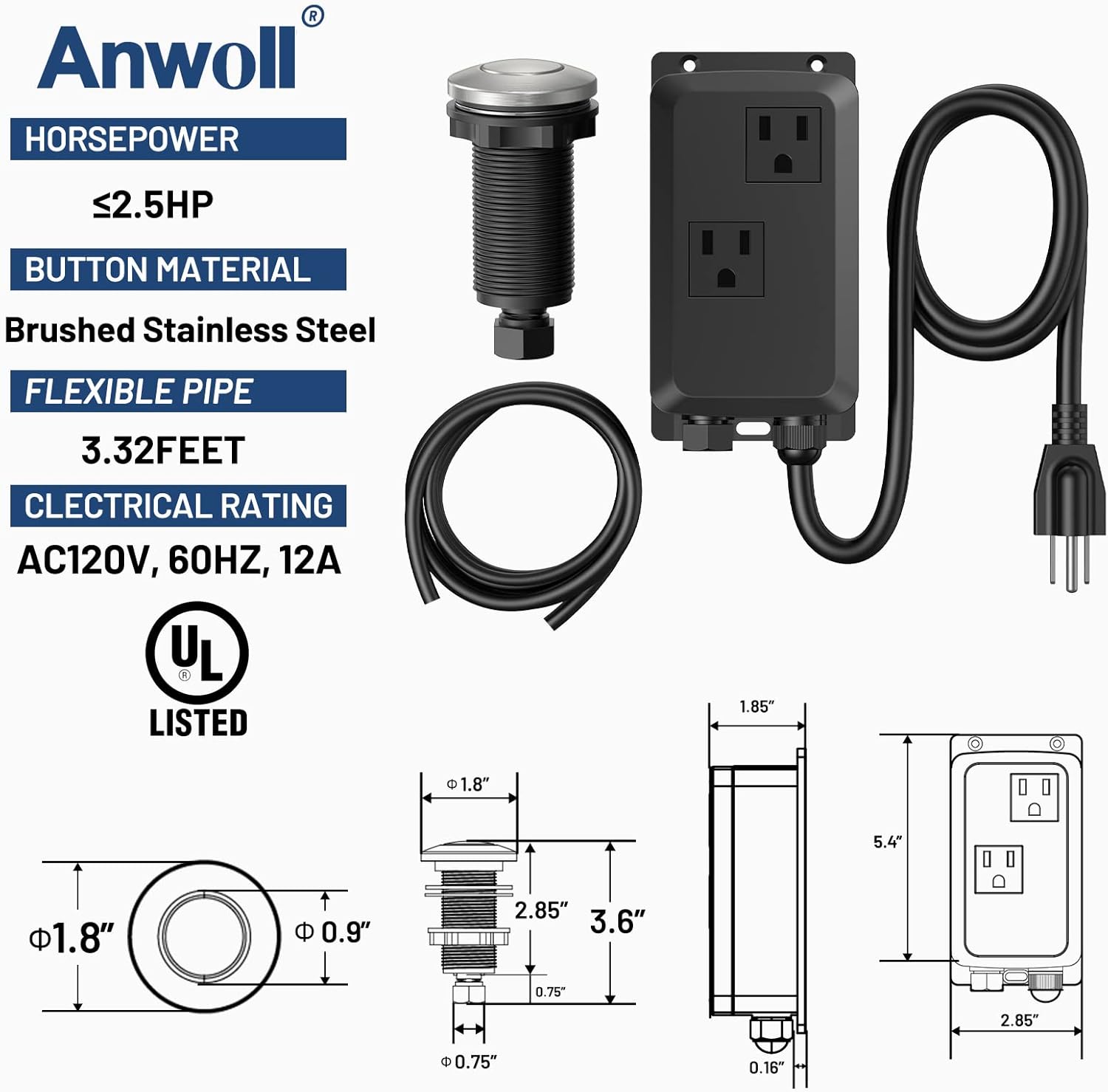 Garbage Disposal Air Switch Kit -Professional- Dual Outlet, Sink Top Waste Disposer On/Off, Garbage