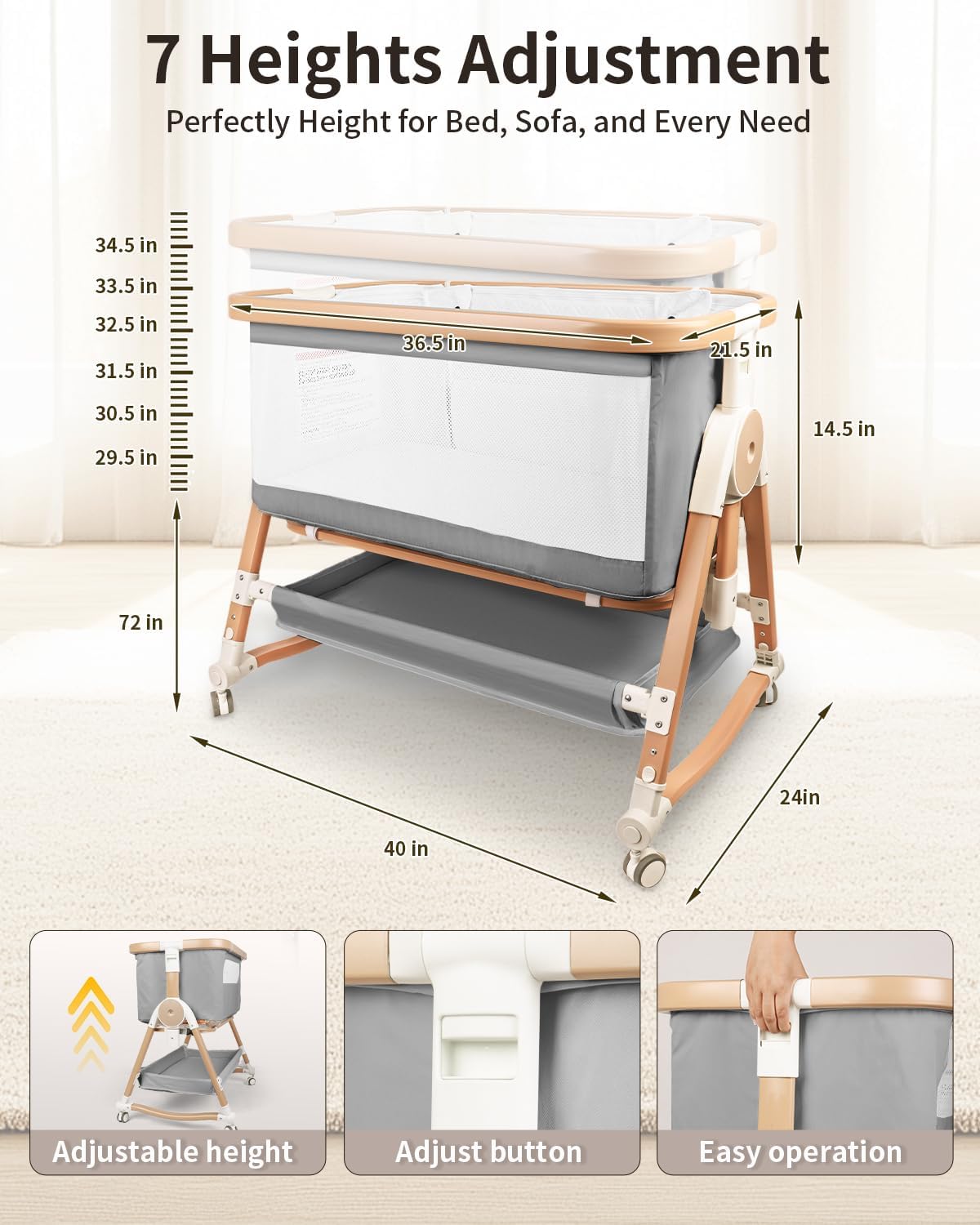 4 in 1 Baby Bassinet, Bassinets Bedside Sleeper with Wheels and Storage Basket, Adjustable 7