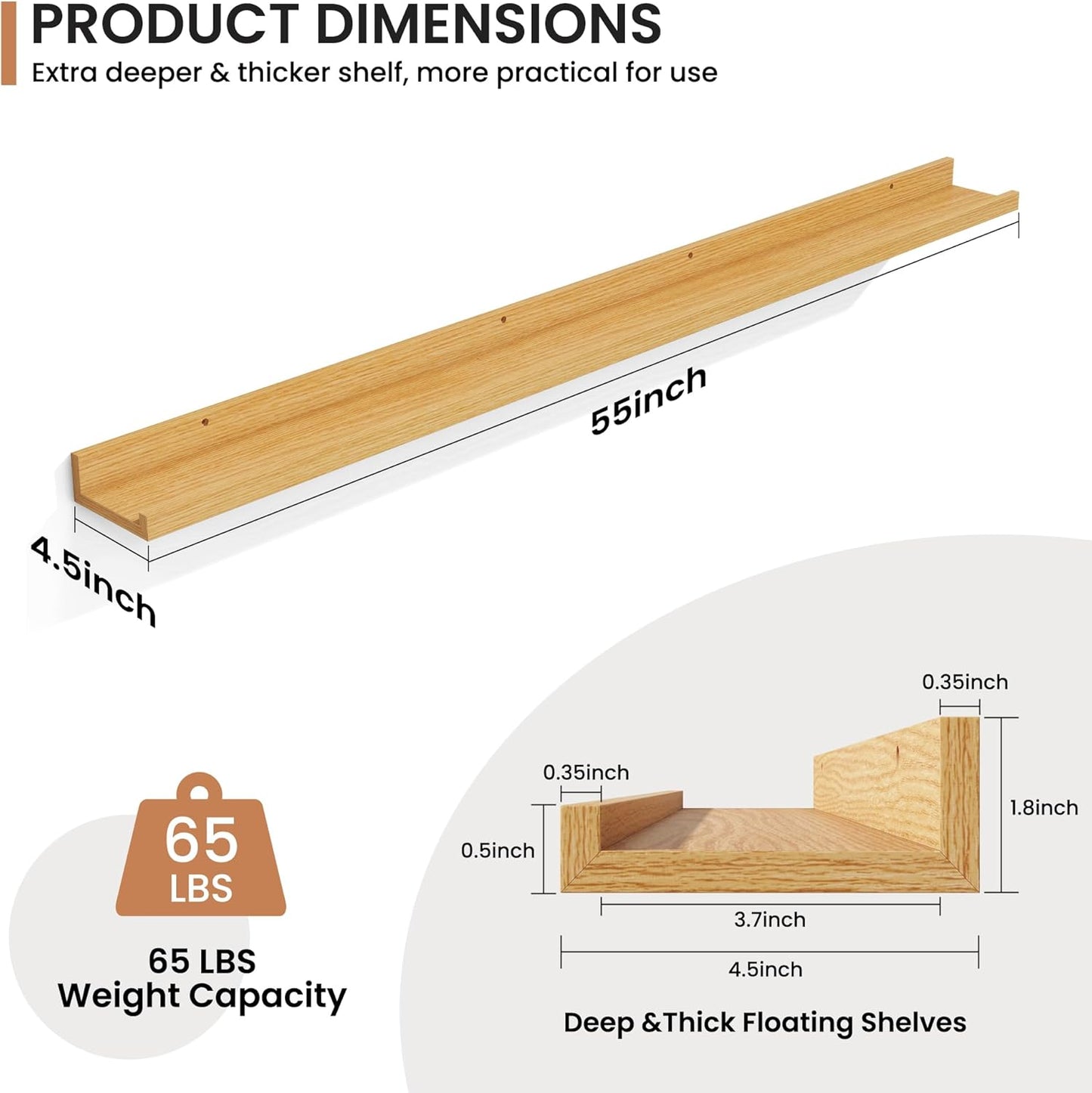 Fun Memories Picture Ledge Shelves Set of 2, 55 Inch Rustic Wall Mounted Floating Shelves with Lip