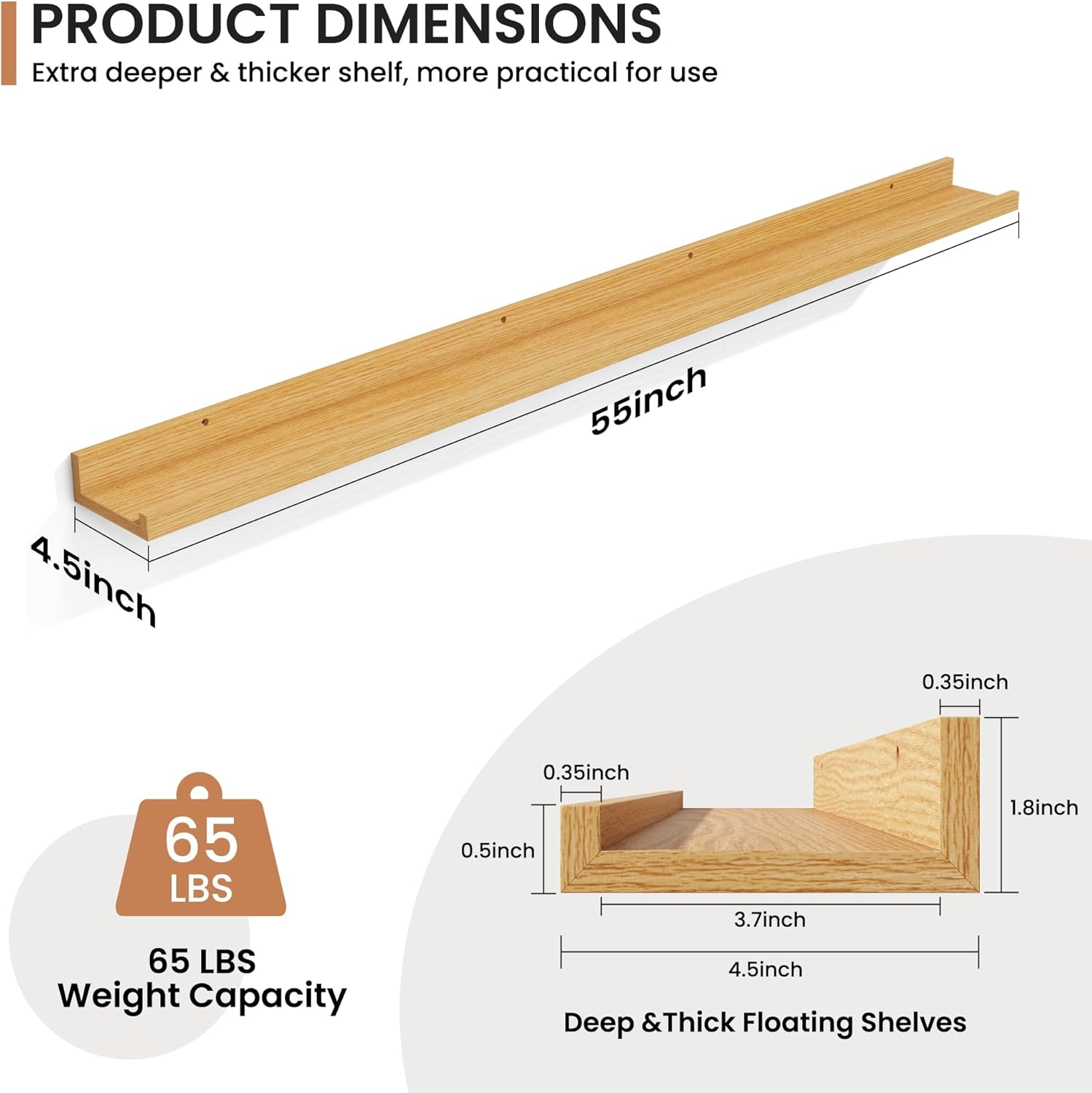 Fun Memories Picture Ledge Shelves Set of 2, 55 Inch Rustic Wall Mounted Floating Shelves with Lip