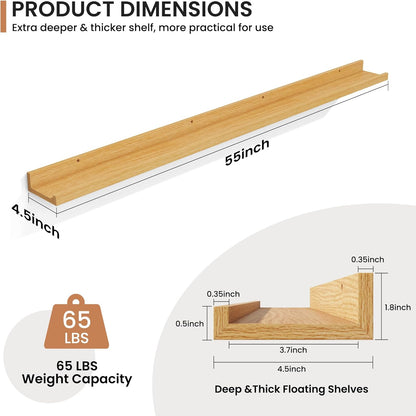 Fun Memories Picture Ledge Shelves Set of 2, 55 Inch Rustic Wall Mounted Floating Shelves with Lip