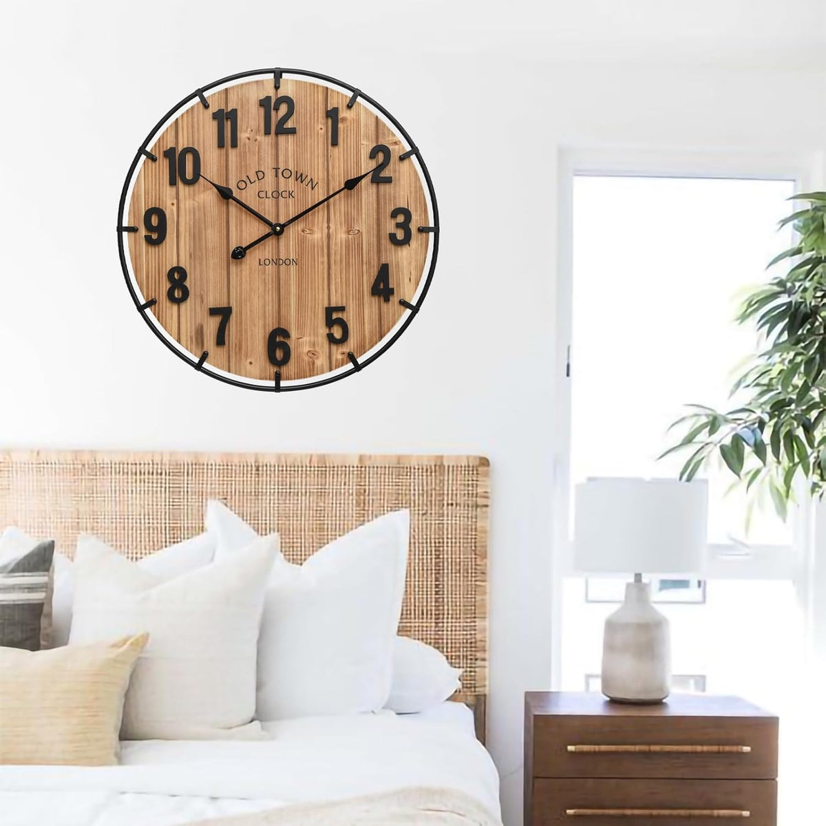 Large Old Town Farmhouse Wall Clock 24 Inch Rustic Antique Wood with Metal Circle and Large