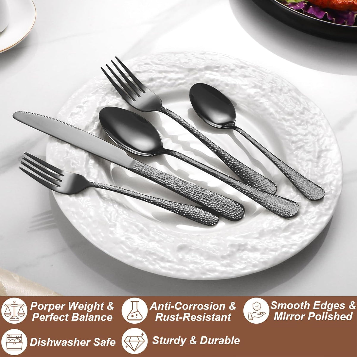 40 Pcs Black Silverware Set for 8 with Hammered Design, Food Grade Stainless Steel Flatware Set