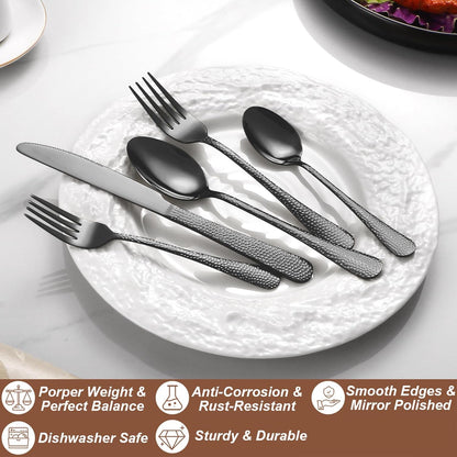 40 Pcs Black Silverware Set for 8 with Hammered Design, Food Grade Stainless Steel Flatware Set