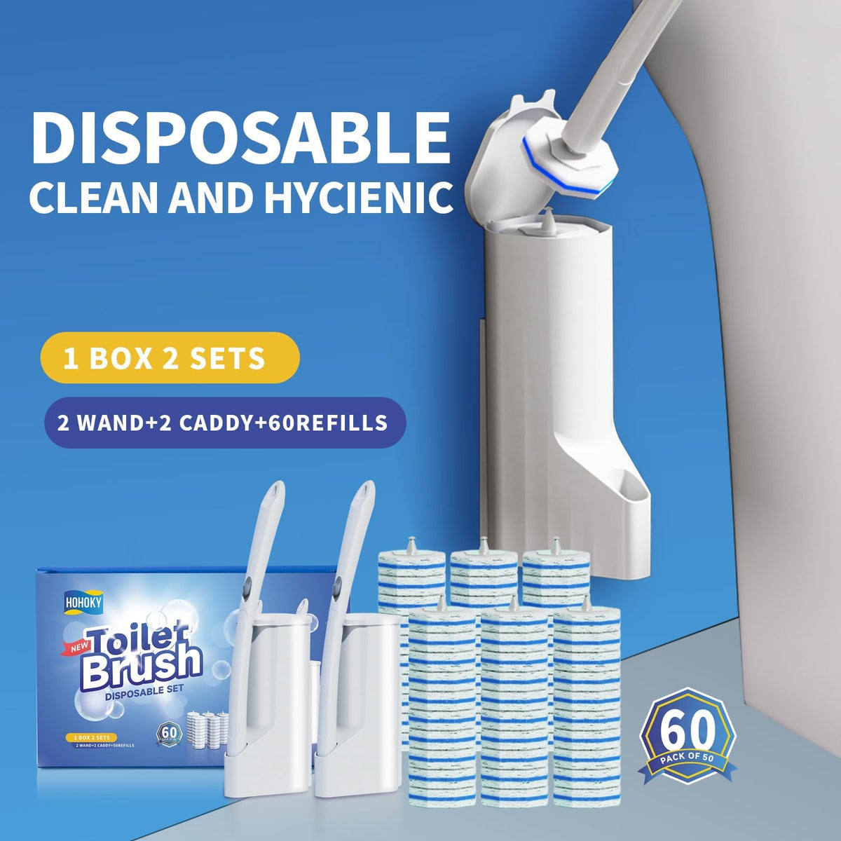 Disposable Toilet Brush Cleaning System, Two Sets of Wands and 60p Refills Pads Replacement Heads