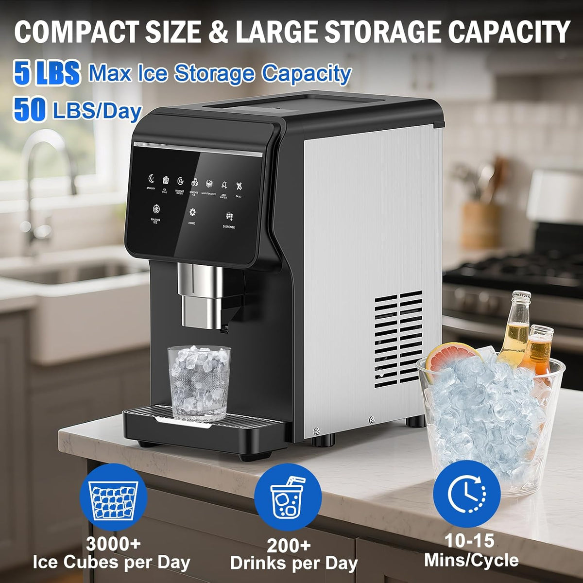 Nugget Ice Maker Countertop, 50LBS/Day with 5LBS Storage Bin, Water Dispenser Countertop Ice Maker