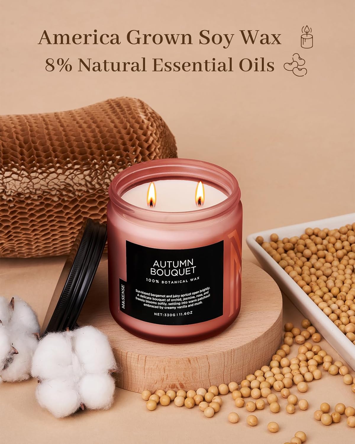 M&SENSE Fall Candle Autumn Wreath Scented, Large 11.6oz Natural Soy Wax 70 Hours Burn Time Clean