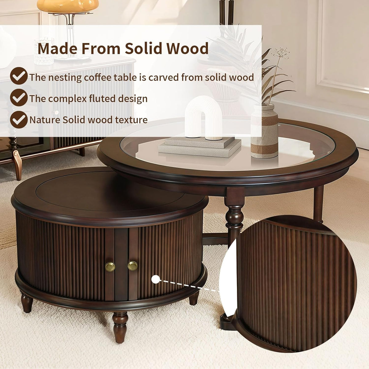 31.5'' Nesting Coffee Table Set of 2, Solid Wood Round Nesting Coffee Table Fluted with Storage