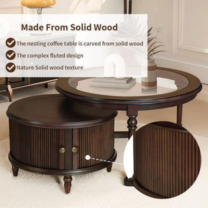 31.5'' Nesting Coffee Table Set of 2, Solid Wood Round Nesting Coffee Table Fluted with Storage
