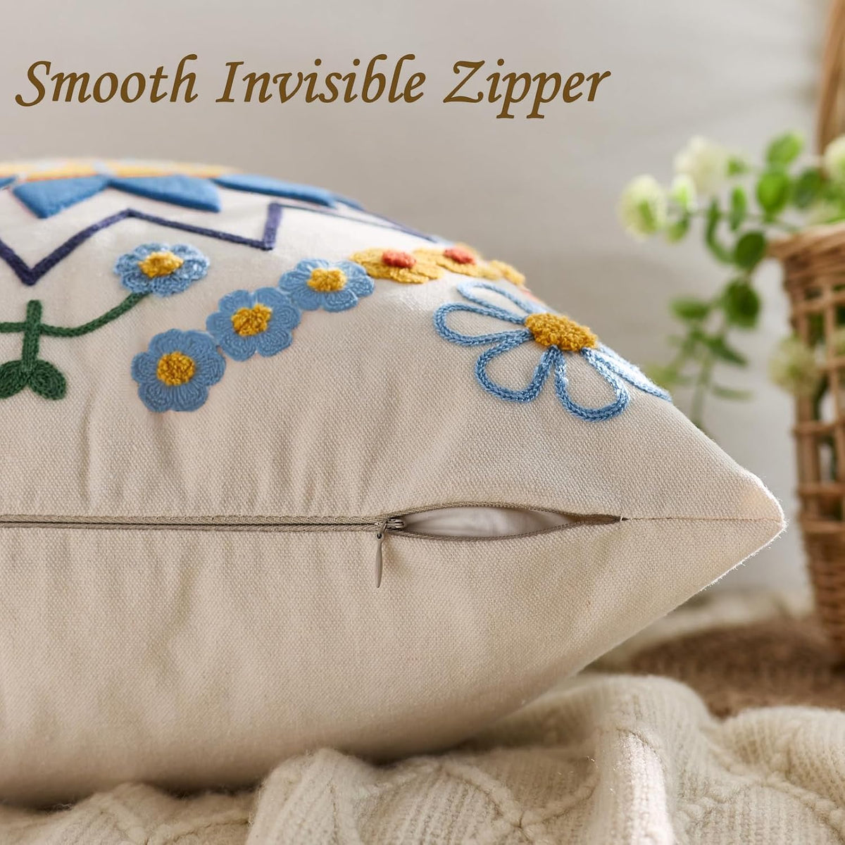 Embroidered Throw Pillow Cover 18x18 Classic Boho Floral Pattern Pillows Cover Outdoor Decorative