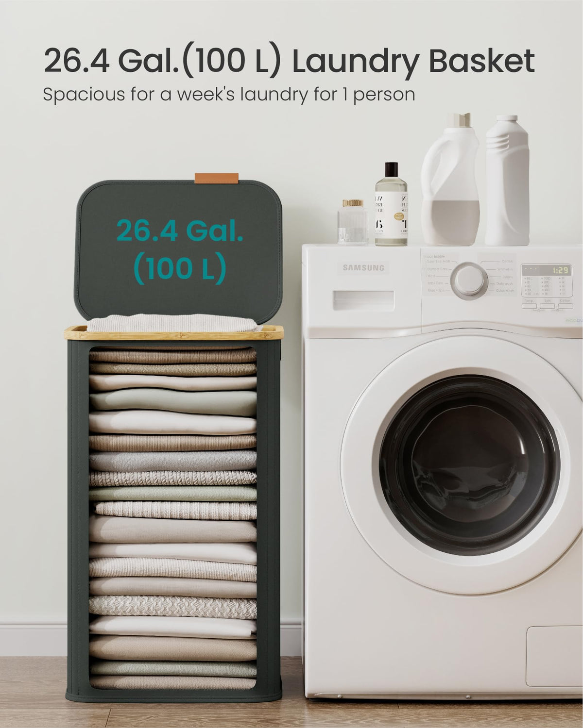 SONGMICS Laundry Hamper, Laundry Basket with Lid, Foldable Storage Basket, Bamboo Frame, for