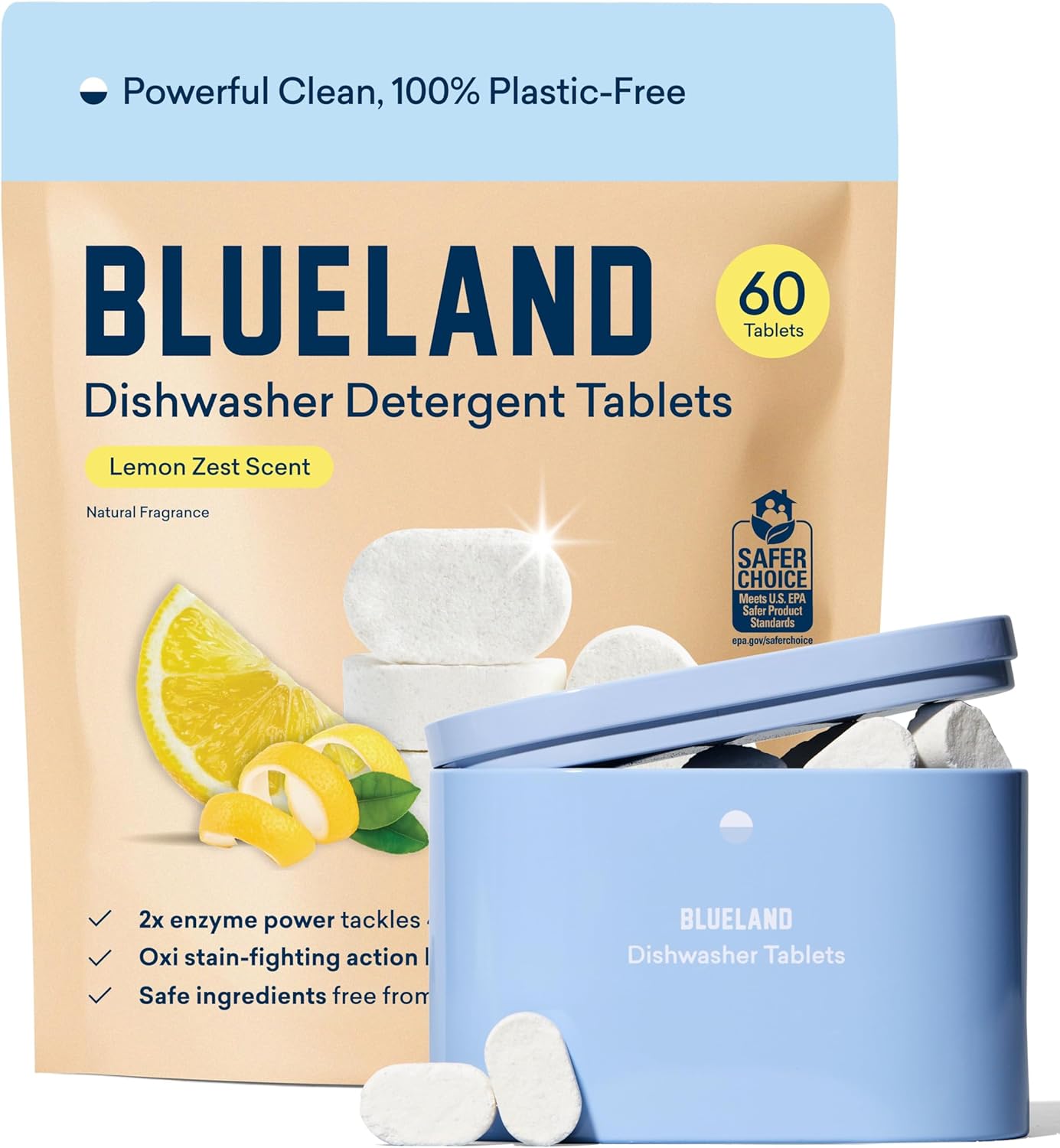 BLUELAND 100% Plastic-Free Dishwasher Detergent Tablets, Starter Set, 60 Count with Tin, Lemon Zest