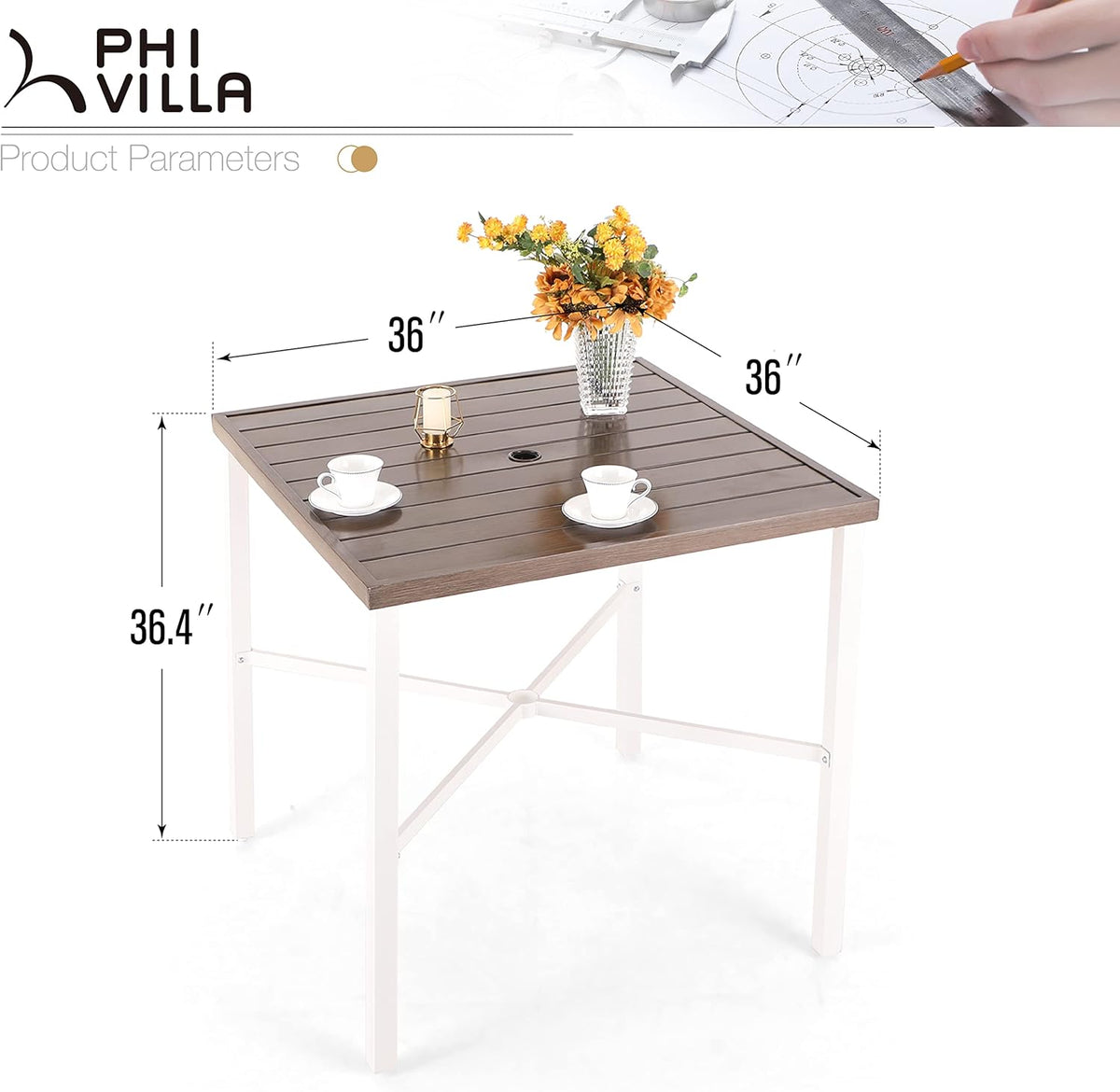 PHI VILLA Outdoor Bar Table, High Patio Table with Umbrella Hole, White Legs, Metal Frame, Sturdy &