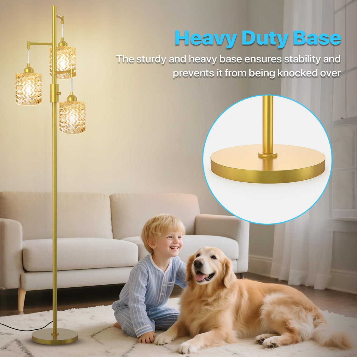 Gold Floor Lamp for Living Room Bedroom, 3-Light Vintage Standing Lamp Stained Glass, Mid Century