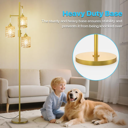 Gold Floor Lamp for Living Room Bedroom, 3-Light Vintage Standing Lamp Stained Glass, Mid Century