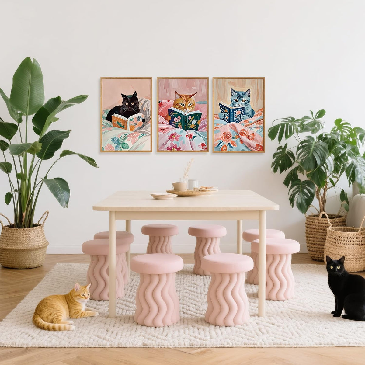 HPNIUB Framed Vintage Black Cats Canvas Wall Art, Funny Animal Reading Books Poster Printing