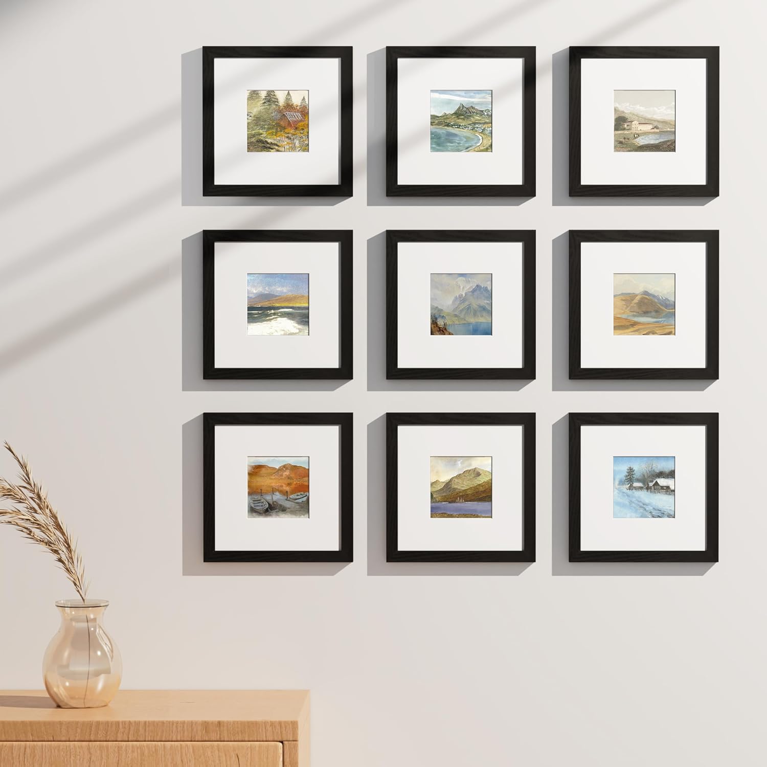 Vittanly 8x8 Picture Frames Set of 9, Shatter Resistant Plexiglass, Display 4x4 Pictures with Mat