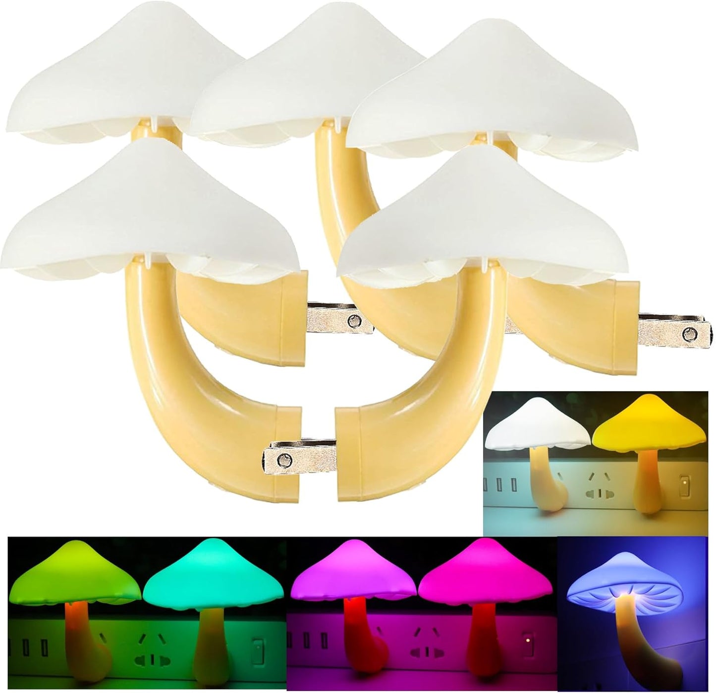 AUSAYE 5Pack Sensor LED Night Light Plug in Lamp 7 Color Changing Mushroom Light Cute Night Lights