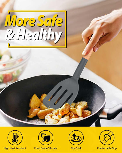 Pack of 2 Silicone Cooking Spatula, Heat Resistant Solid Turner, Non Stick Slotted Spatulas with