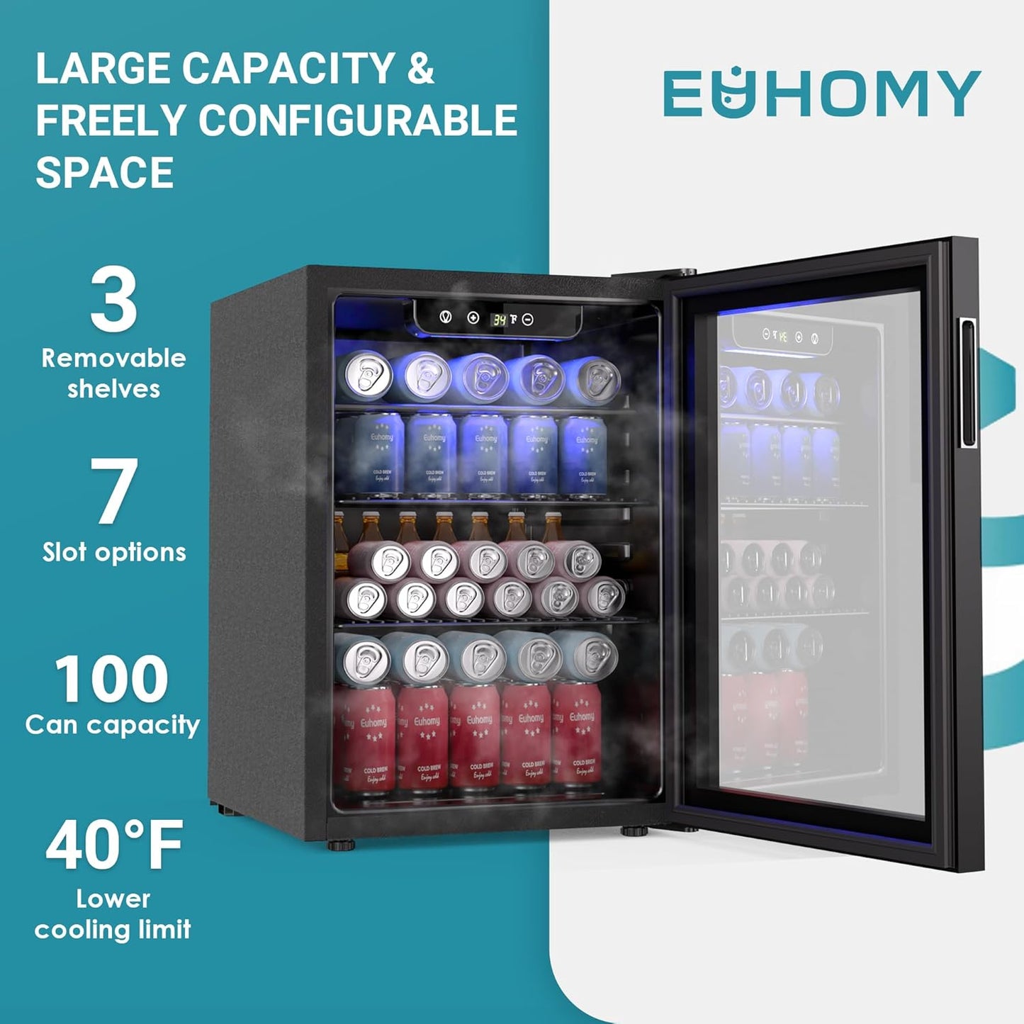 EUHOMY 100 Can Beverage Refrigerator cooler-Mini Fridge Glass Door for Beer Drinks Wines