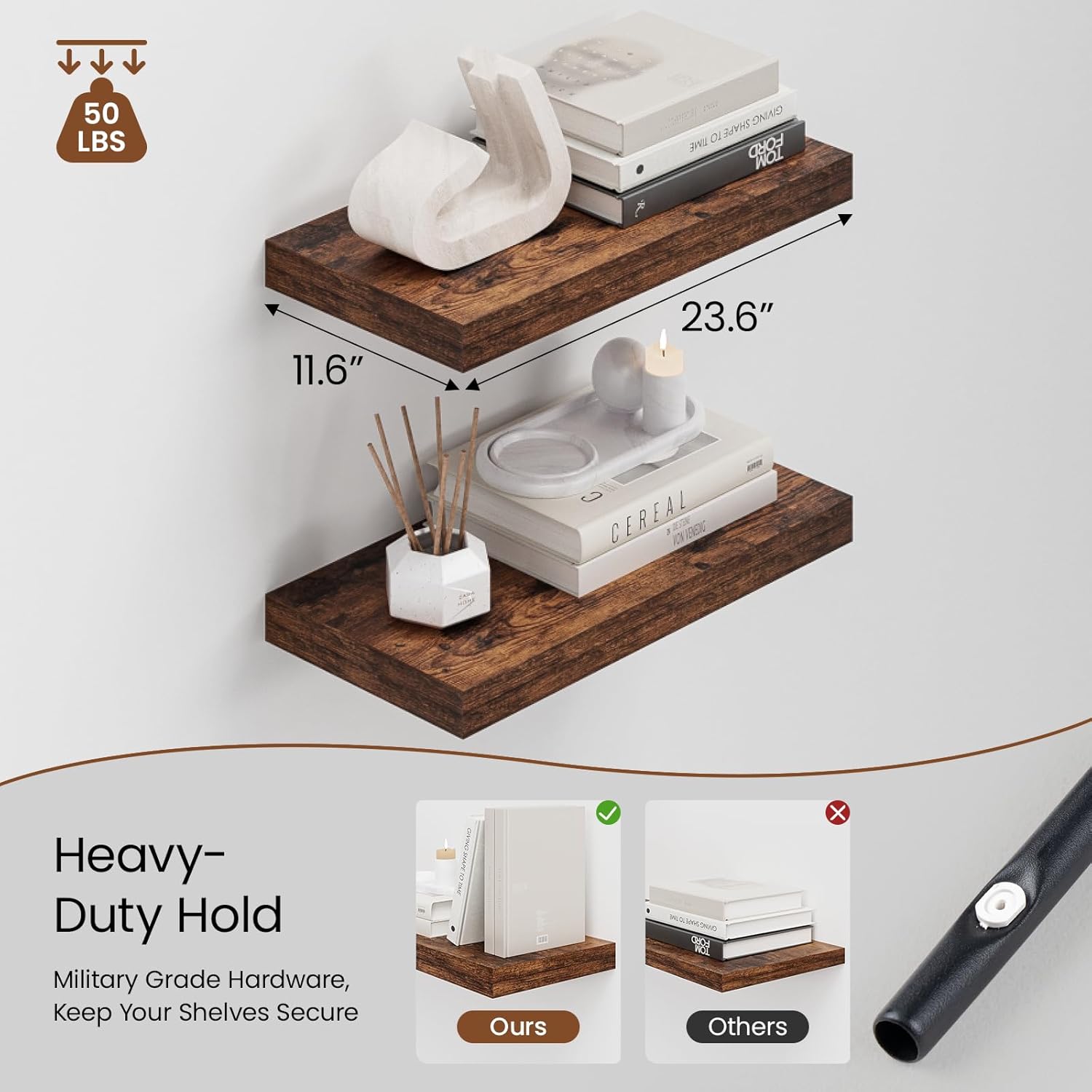 Heimlove 12" Deep Floating Shelves for Wall, 24 Inch Wall Shelf Bathroom Shelves Set of 2, Wall