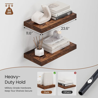 Heimlove 12" Deep Floating Shelves for Wall, 24 Inch Wall Shelf Bathroom Shelves Set of 2, Wall