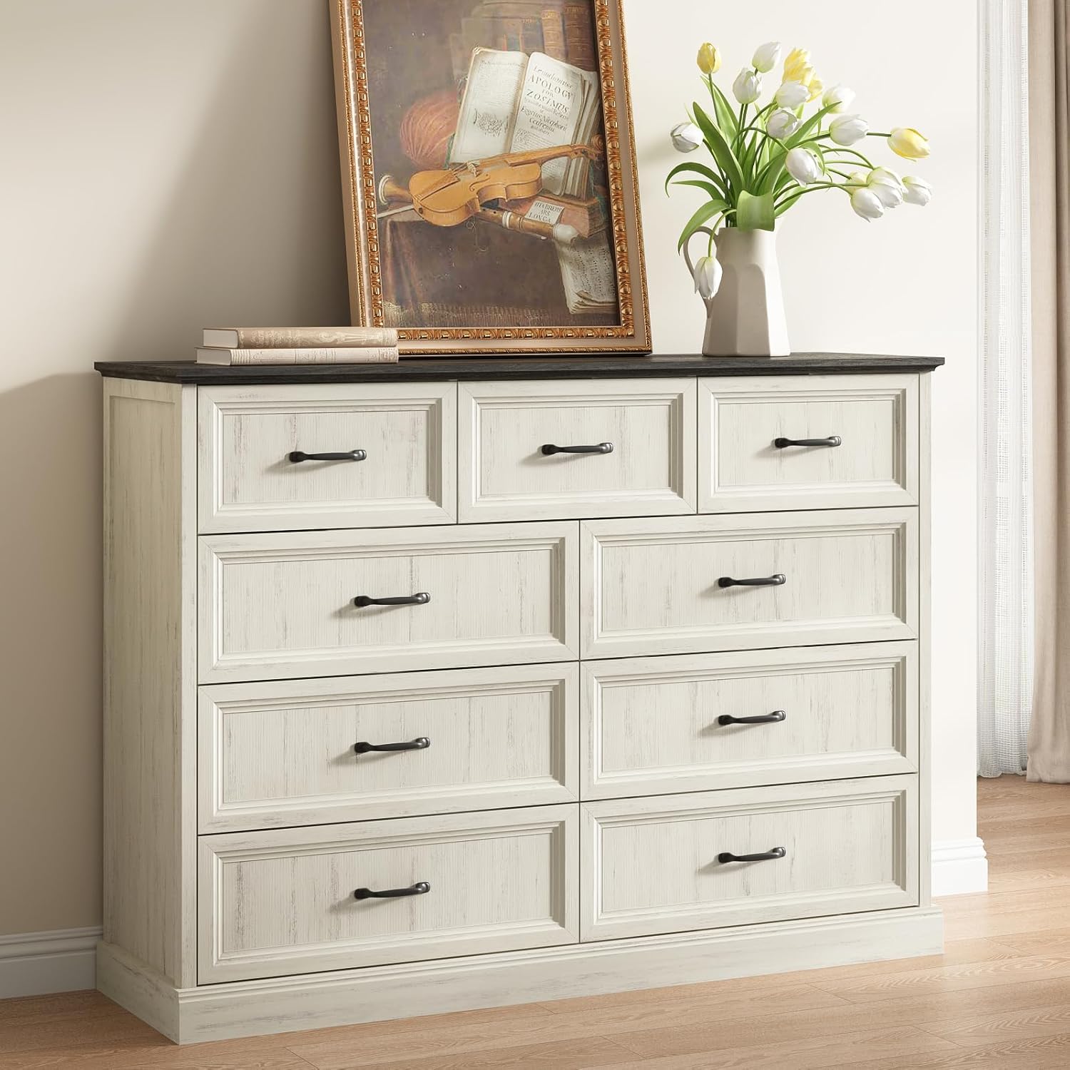 Farmhouse 9 Drawer Dresser for Bedroom, 55 Inch Wide Modern White Dresser TV Stand with Large