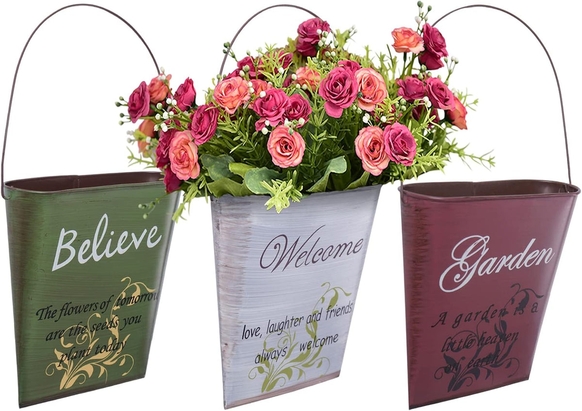 GDYOOSHOW 3Pcs 7.4" Tall Galvanized Metal Hanging Planter Rustic Wall Flower Bucket Echelon Wall