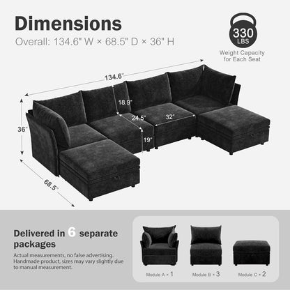 134.6" Oversized Modular Sectional Sofa, 6 Seater U Shaped Couch with Storage Ottoman with