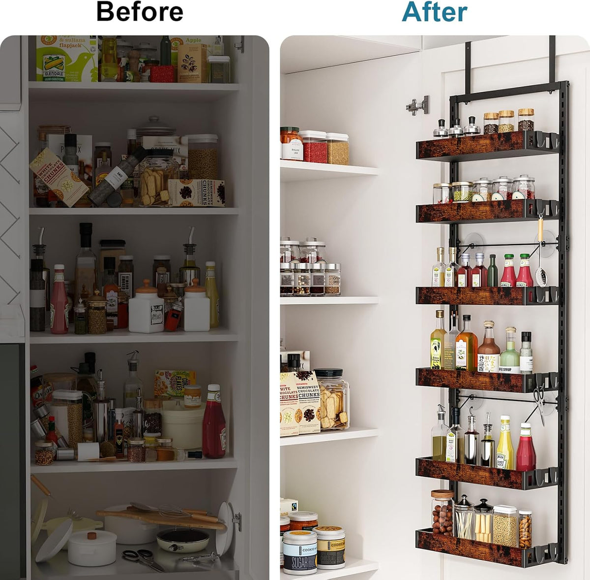 bukfen Over the Door Pantry Organizer, 6-Tier Adjustable Wooden Basket Kitchen Pantry Door