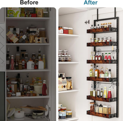 bukfen Over the Door Pantry Organizer, 6-Tier Adjustable Wooden Basket Kitchen Pantry Door
