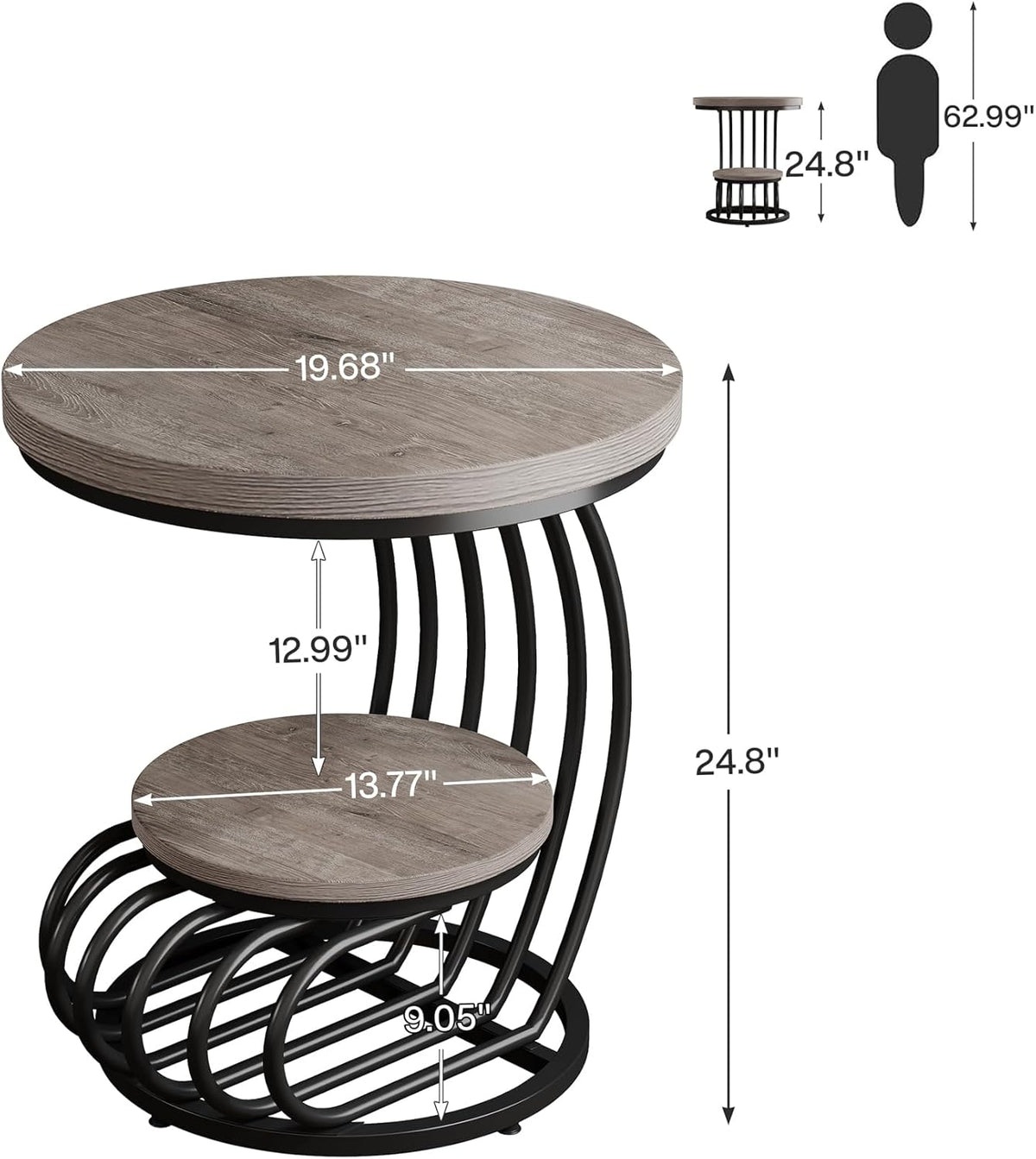 Tribesigns Round End Table: 2 Tiers Wood Side Table Set of 2 with Storage Shelf, Rustic Gray