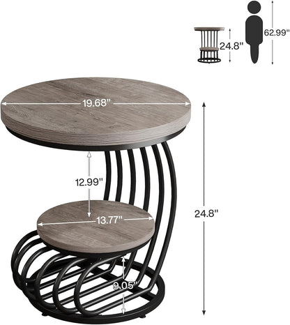 Tribesigns Round End Table: 2 Tiers Wood Side Table Set of 2 with Storage Shelf, Rustic Gray