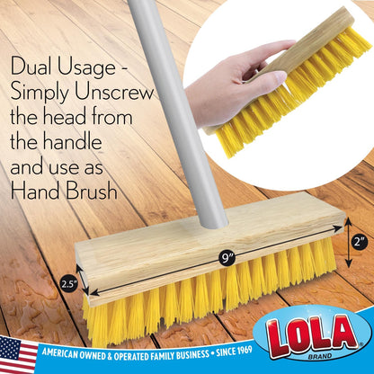 Lola Products Deck Scrub Brush Broom, 9" x 3.5" Wide, Durable Bristles Remove Dirt, Grime, Grout