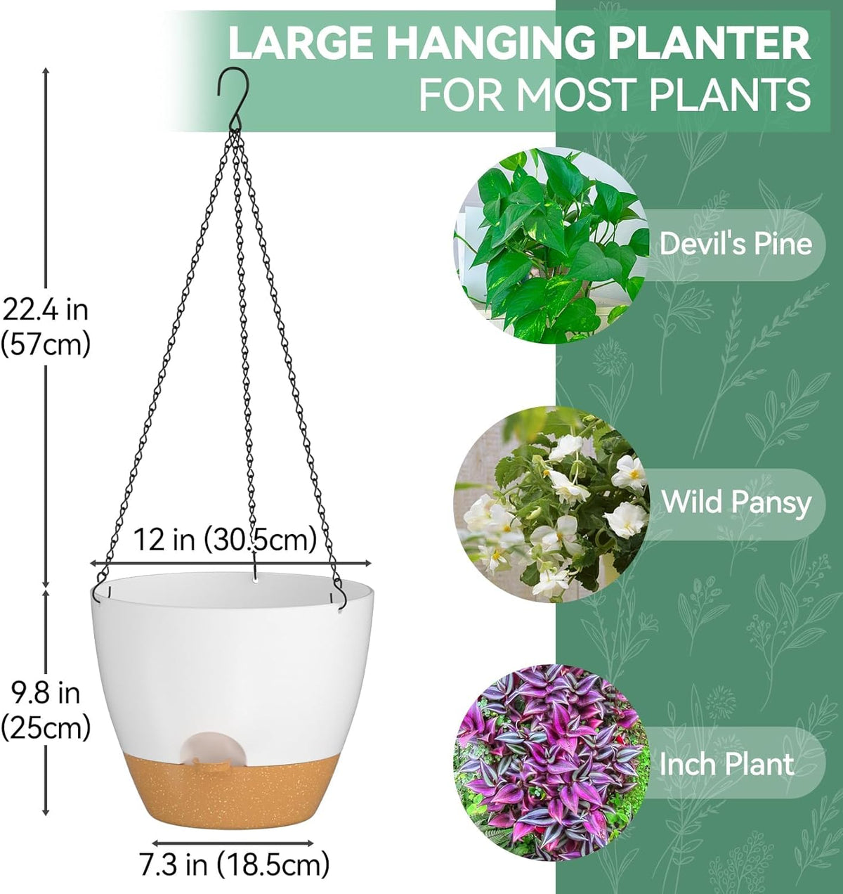 ZMTECH 12 Inch Hanging Planters for Indoor Outdoor Plants, 1 Pack Self Watering Hanging Plant Pots