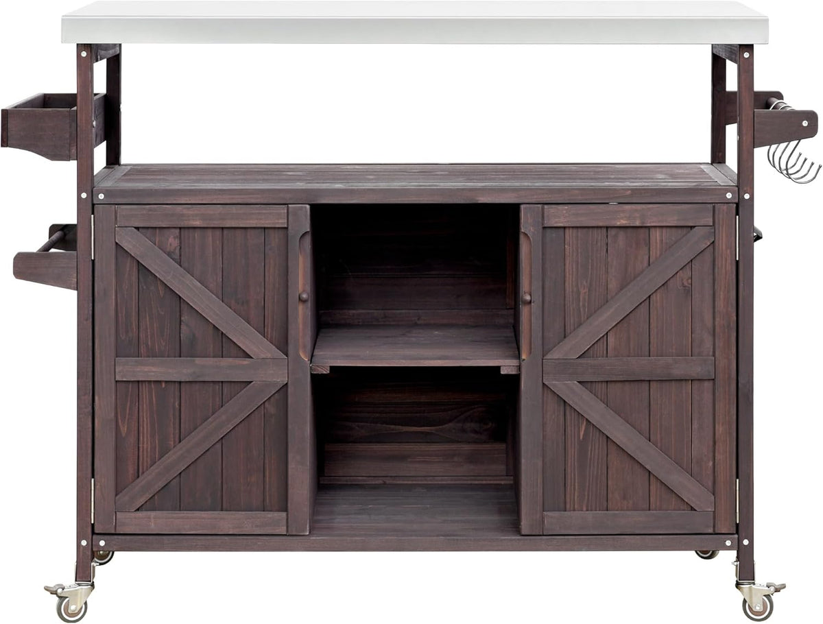 Farmhouse Solid Wood Grill Table with Stainless Steel Top, Outdoor Rolling Bar Cart & Storage
