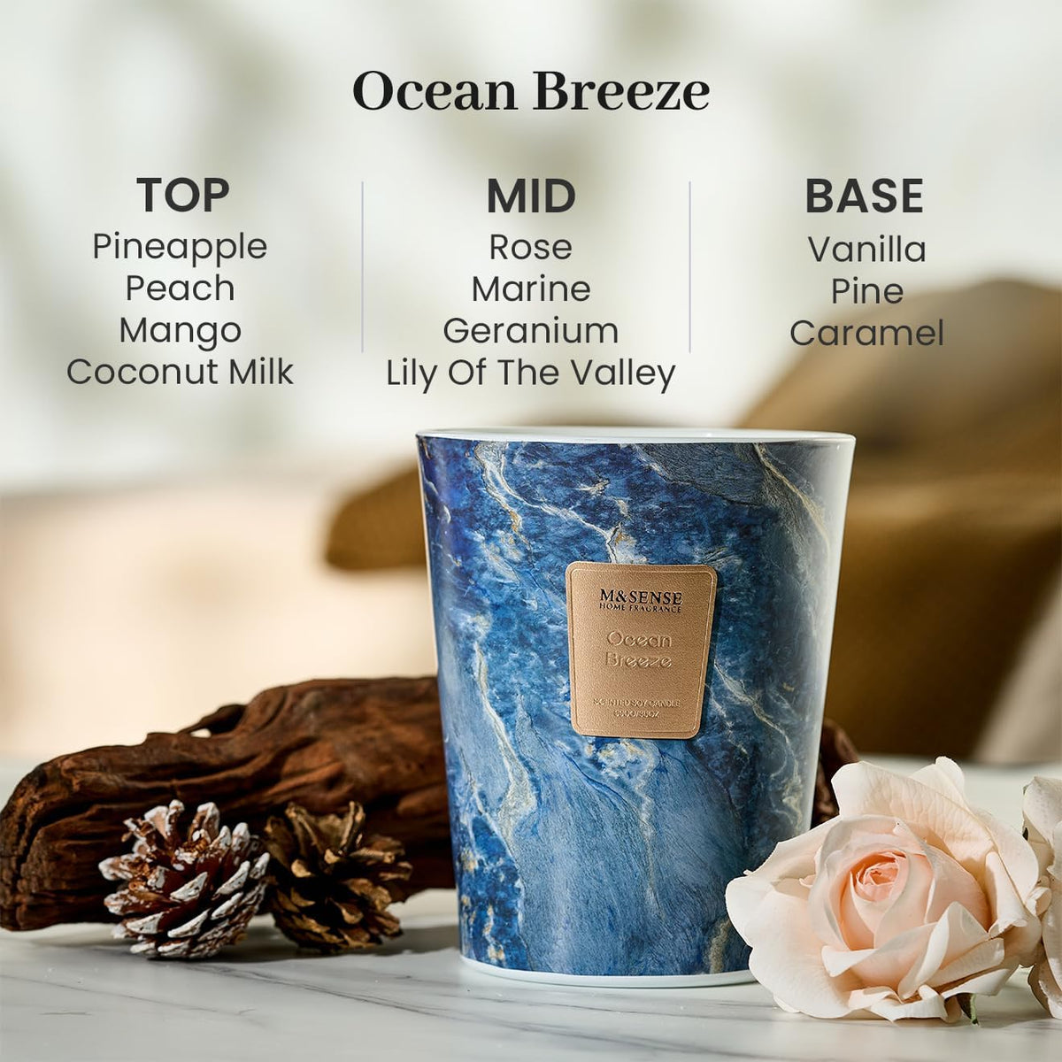 M&SENSE Ocean Breeze Scented Candles for Home, 3-Wick Highly Scented Jar Candles, 35 Oz 150 Hours